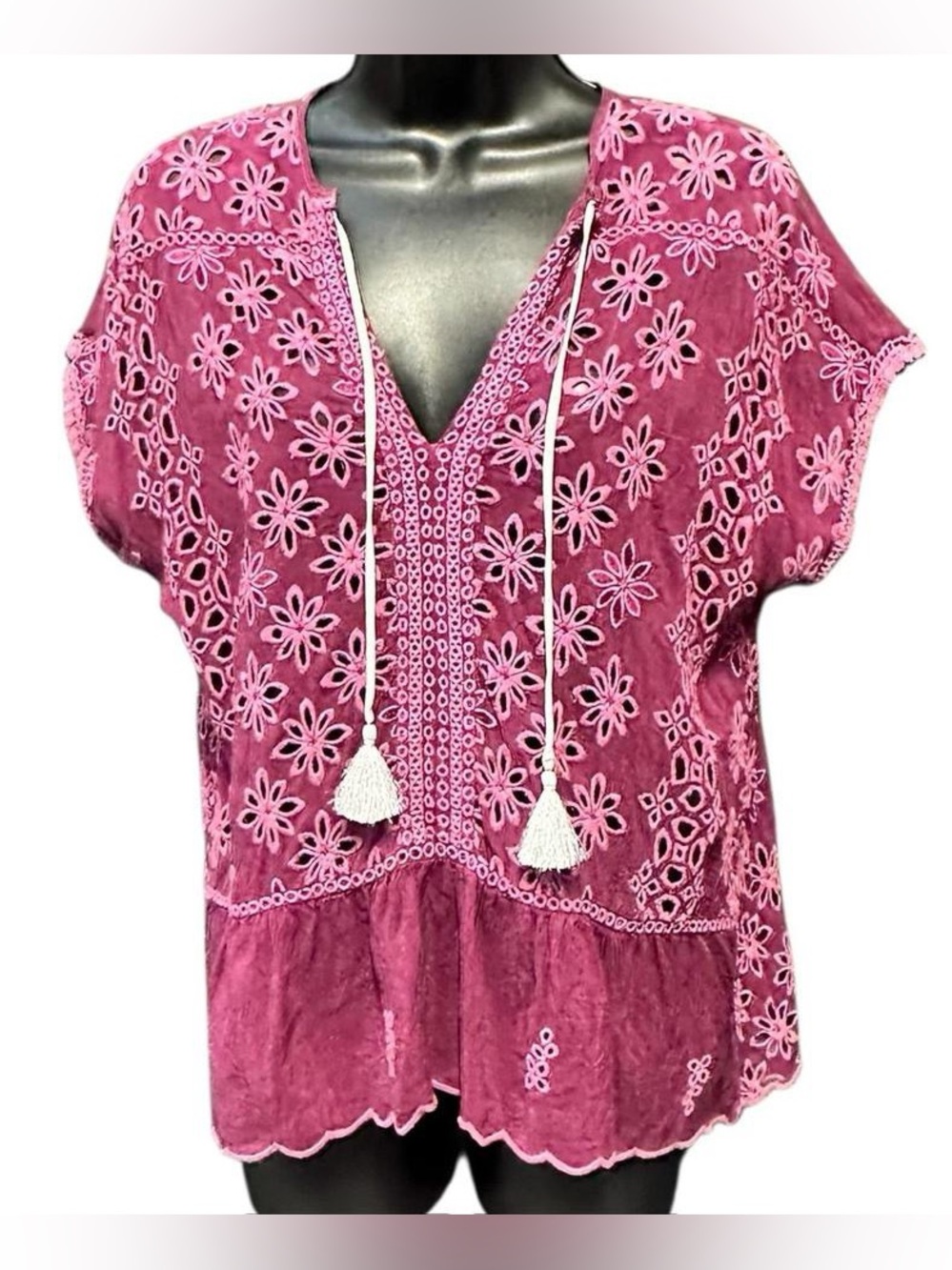 JOHNNY WAS Floral Eyelet Grape Blouse with Tassels